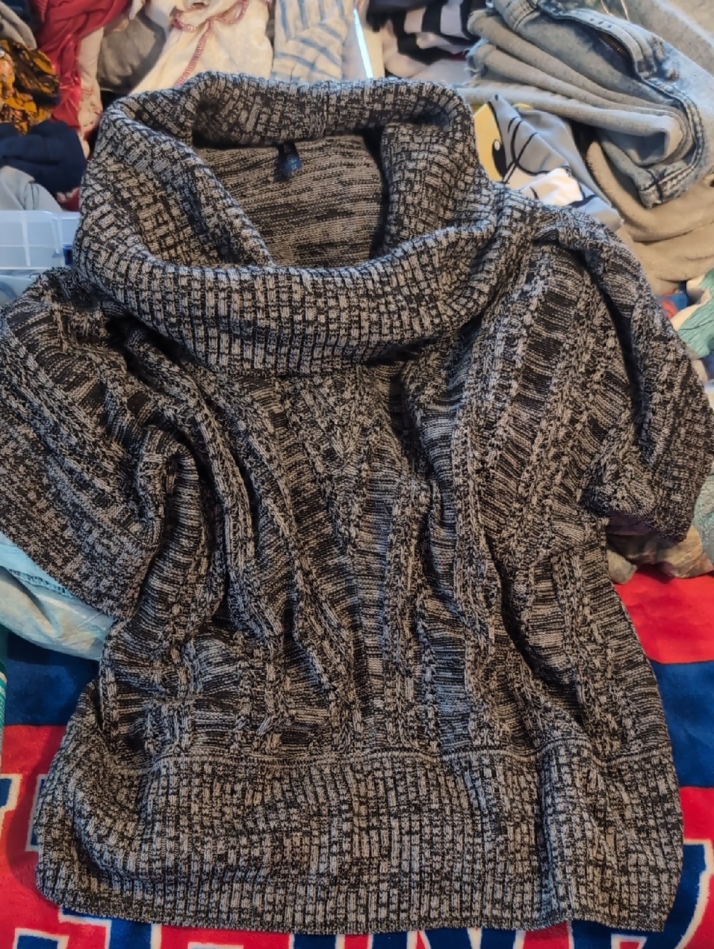 Cozy Black & Gray Cable Knit Cowl Neck Sweater